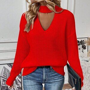 Red Casual Women's Choker Neck Drop Shoulder Sweater